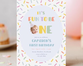Confetti First Birthday Invitation Template | Rainbow Colorful Bday Photo  Invite Canva Printable