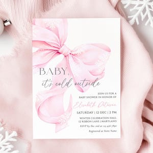 Pink Bow Baby It&#39;s Cold Outside Baby Shower Invitation Template Christmas Holiday Snowflake Snowfall Winter Wonderland Elegant Shower Invite