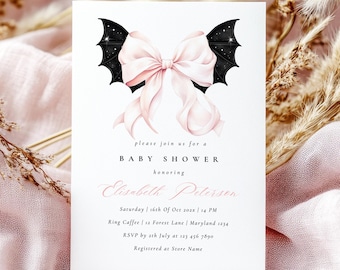 Gothic Baby Shower Invitation: Bat Wings, Pink Bow (Digital Download, 5x7in Template)