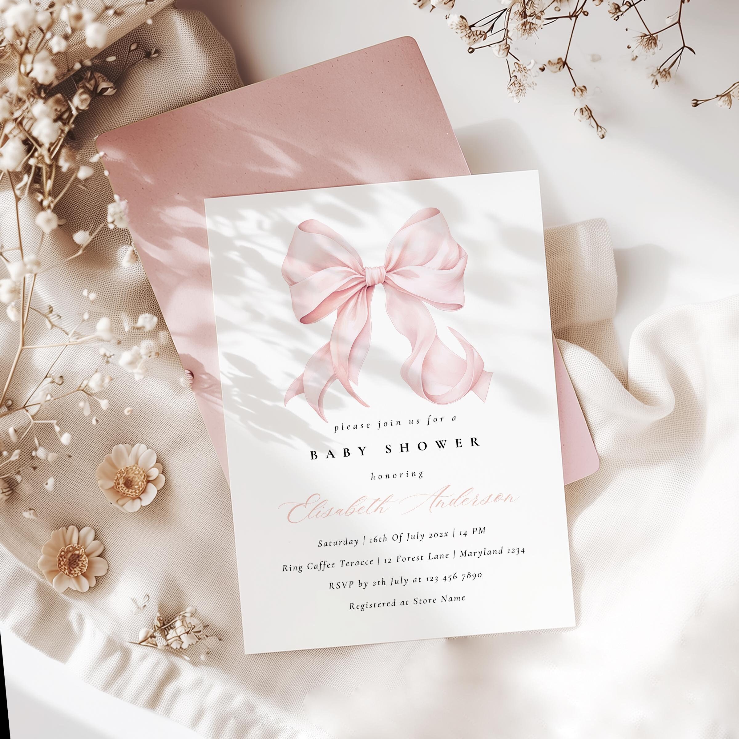 Blush Pink Bow Baby Shower Invitation Template Baby Girl Shower Canva ...