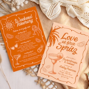 Love at First Spritz Bachelorette Party Invitation Template Retro Sun & Spritz Summer Hand Drawn Printable Aperol Bach Weekend Itinerary