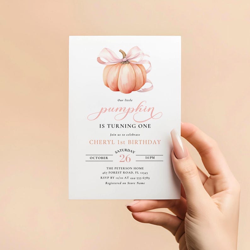 Orange Pumpkin First Birthday Invitation Pink Bow 1st Birthday Invitation Template Watercolor Fall Theme Invite Pretty Autumn Pumpkin Canva image 4