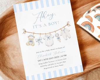Ahoy It's a Boy Baby Shower Invitation Template | Nautical Theme Canva Printable Instant Download