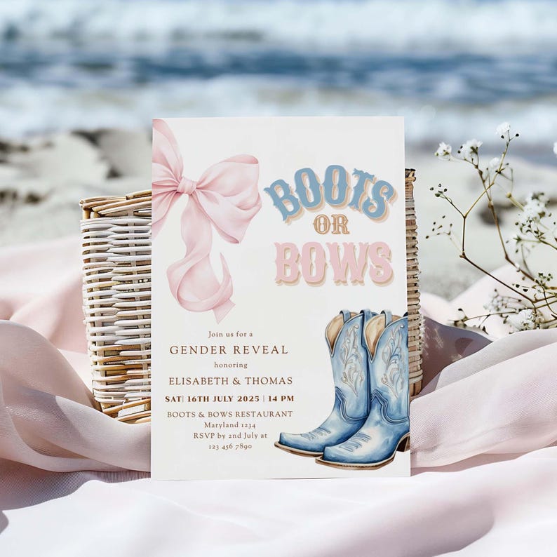 Boots or Bows Gender Reveal Invitation Template | Pink or Blue Western Theme | Editable Digital Invite Canva Printable Coquette Aesthetic image 4