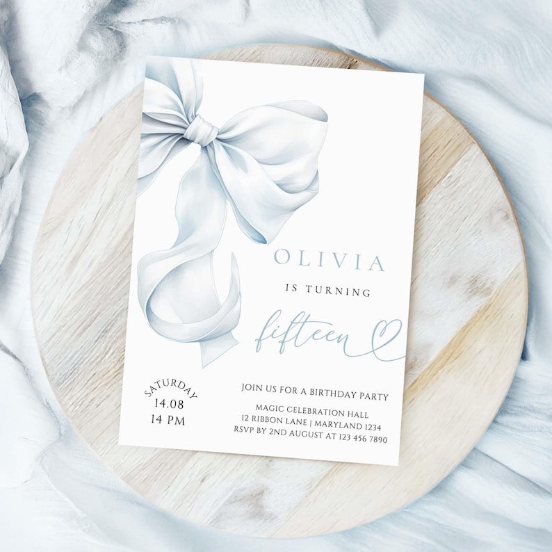 Blue Bow Birthday Invitation Template Canva Editable Thirteen Fourteen