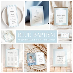 May include: A collection of blue and white baptism stationery, including invitations, menus, signs, and thank you cards. The designs feature a cross and striped pattern, with customizable text options. The words "Blue Baptism" are displayed.