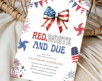 Plantilla de invitación para baby shower con tema de lazo rojo, blanco y blanco, con diseño de petardo americano para el 4 de julio, descarga instantánea de Canva.