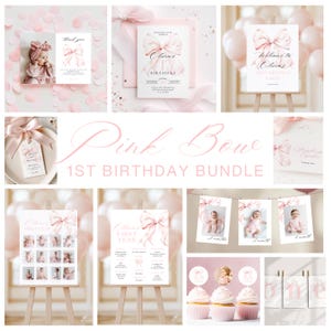 Pode incluir: Conjunto de imprim&iacute;veis para a primeira festa de anivers&aacute;rio em rosa e branco com um design de la&ccedil;o de aquarela. O conjunto inclui uma placa de boas-vindas, um convite, um cart&atilde;o de agradecimento, cart&otilde;es de fotos, uma placa de marcos do primeiro ano, toppers para cupcakes e uma placa de n&uacute;mero um.