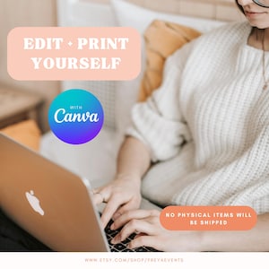 May include: A digital illustration of a laptop computer with the text "EDIT + PRINT YOURSELF" in a pink rectangle and "WITH Canva" in a blue circle. The text "NO PHYSICAL ITEMS WILL BE SHIPPED" is in a peach rectangle. The image is a digital download.