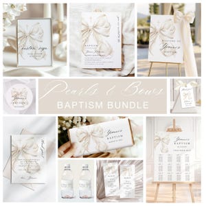 May include: A collection of baptism-themed stationery and decorations. The items feature a watercolor design of a bow and cross. Includes a welcome sign, invitation, favor tags, water bottle labels, and a seating chart.