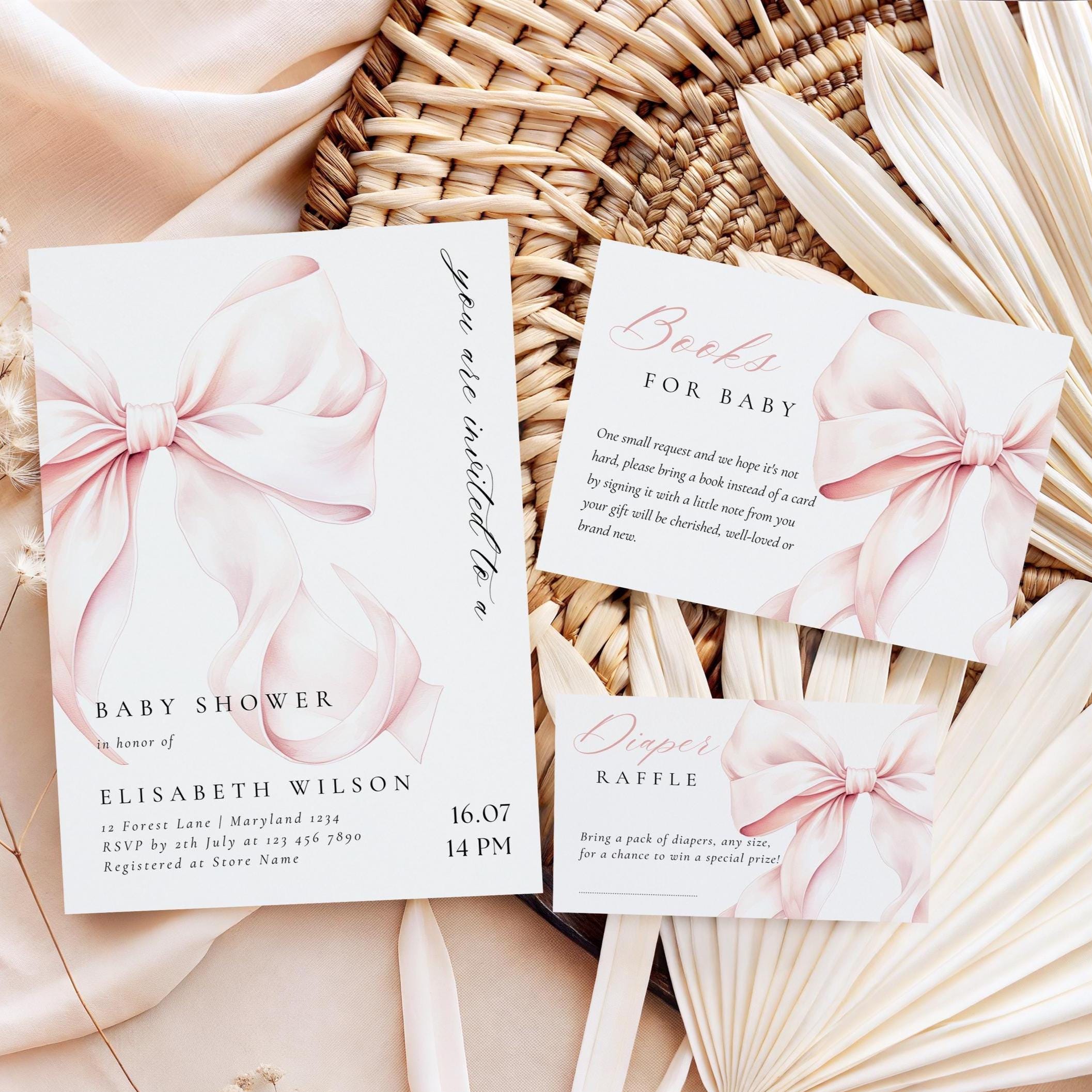 Modern Blush Pink Bow Baby Shower Invitation Template Baby Girl Shower ...