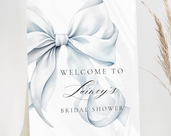 EDITABLE Blue Bow Bridal Shower Welcome Sign Blue Bridal Shower Entrance Sign Template Blue Ribbon She's Tying the Knot Printable Poster