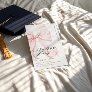 May include: A pink and white graduation party invitation with a large pink bow and the text "GRADUATION Party" in black script font. The invitation includes the text "In honor of Yvonne Peterson, Saturday, July 16, 2025, The Willow Garden, 456 Serene Meadows, Everbrook, RSVP to Helen at 123-456-7890."
