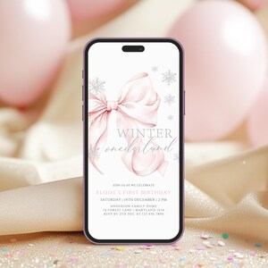 Mobile Animated Pink Bow Winter Onederland First Birthday Invitation Template Girl Snowflake 1st Birthday Pink Silver 1st Christmas Birthday image 4
