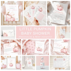 BUNDLE Kleiner Kürbis ist Unterwegs Babyparty Set Rosa Mädchen Einladung Herbst Willkommensschild Digital Invite 10x Spiel Rosa Kürbis Bundle
