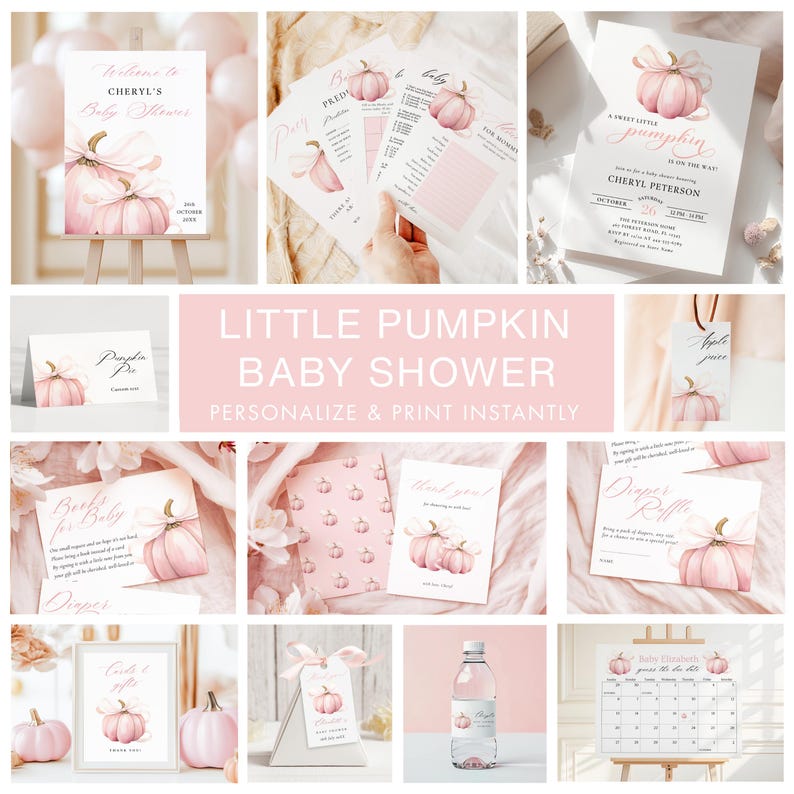 PACCHETTO Little Pumpkin is On The Way Set per Baby Shower Invito per Bambina con Fiocco Rosa Cartello di Benvenuto Autunnale Invito Digitale 10x Gioco Pacchetto Zucca Rosa immagine 1