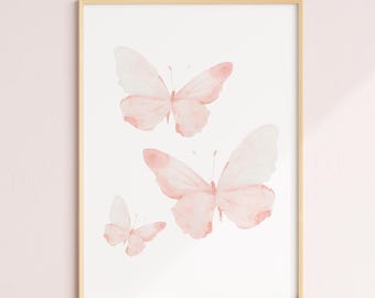 Pink Butterflies Wall Art Vertical Template Nursery Print Baby Girl Room Decor Coquette Butterflies Art Print Blush Pink Pastel Simplistic