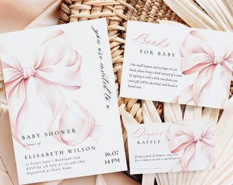 May include: Baby shower invitation and cards featuring a watercolor pink bow design. The invitation includes details for Elisabeth Wilson's baby shower, with a request for books instead of cards and a diaper raffle.