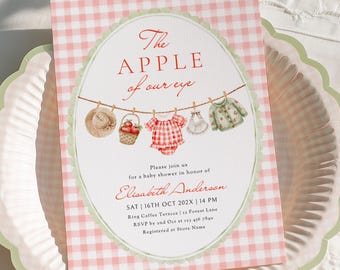 Einladungsvorlage für die Babyparty „Der Apfel unseres Auges“ | Verspieltes rotes Vichy-Karo (druckbare Canva-Einladung)