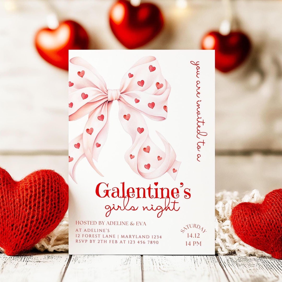Galentine's Day Girls Night Out Invitation Template Pink Bow Red Hearts ...