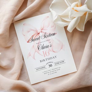 Pink Bow Sweet 16 Birthday Invitation Template Sweet Sixteen Girl Birthday Invite Elegant 16th Pink Ribbon Theme Party Invitation Coquette