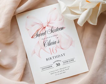 Rosa Bogen Bonbon 16 Geburtstags-Einladungs-Schablone 16. Geburtstag-Mädchen-Geburtstags-Einladungs-elegante 16. rosa Band-Thema-Party Einladung Kokette