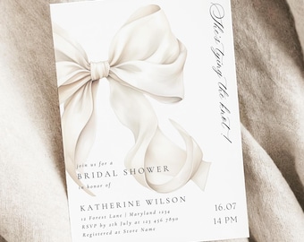 Sie bindet den Knot Brautdusche Einladung Vorlage Elegante Brautparty Off White Bow Brauteinladung Sofort Download Canva Vorlage
