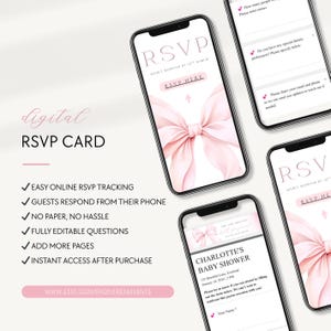 May include: Digital RSVP card displayed on smartphones. The design features a pink bow and the text "RSVP". Additional screens show RSVP details and a baby shower invitation. Text includes "Easy online RSVP tracking" and "Instant access after purchase".