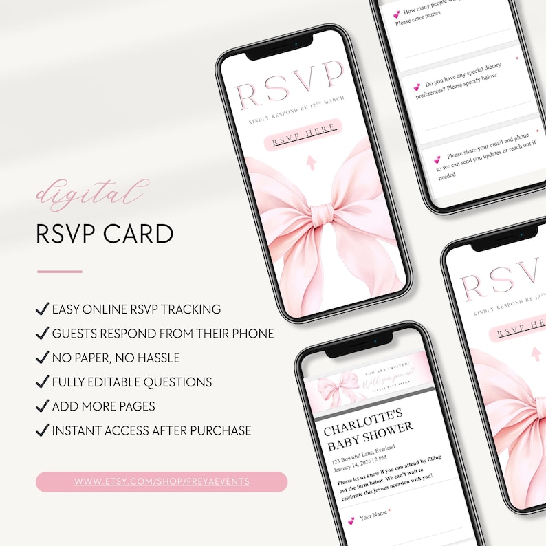 May include: Digital RSVP card displayed on smartphones. The design features a pink bow and the text "RSVP". Additional screens show RSVP details and a baby shower invitation. Text includes "Easy online RSVP tracking" and "Instant access after purchase".