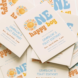 Plantilla de invitación para el primer cumpleaños de un niño feliz / Invitación para fiesta de verano con temática de sol para bebé niño (imprimible en CANVA)