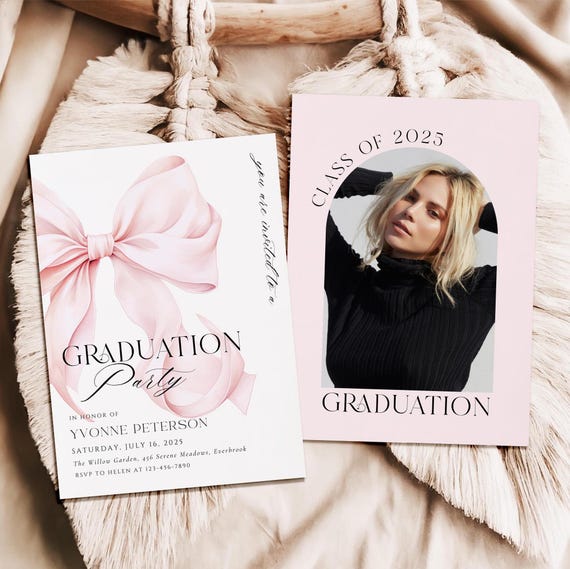 Pink Bow GRADUATION Invitation Template Coquette Grad Party Photo Template Trendy Modern Grad Invite Save the Date Digital Download Canva
