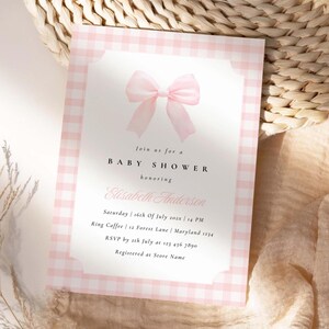 Pink Bow Gingham Baby Shower Invitation Template Baby Girl Shower Canva Printable Elegant Coquette Rustic Classy Invite Instant Download
