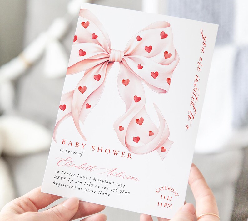 Pink Invitations Heart Pink Bow Red Heart Baby Shower Invitation Template Baby Girl Shower ...