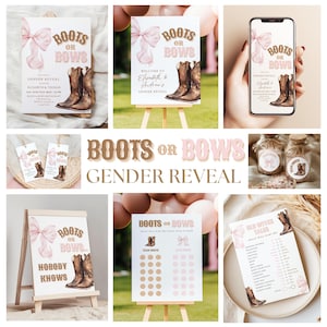 Boots or Bows Gender Reveal BUNDLE Pink and Brown Western Theme Editable Digital Bundle Boy or Girl Will Be Instant Download Canva Template