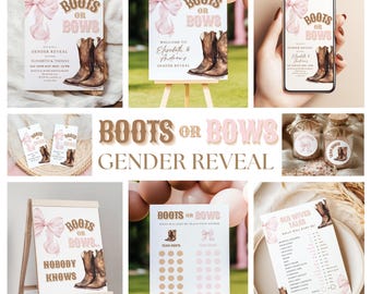 Boots or Bows Gender Reveal BUNDLE Pink and Brown Western Theme Editable Digital Bundle Boy or Girl Will Be Instant Download Canva Template