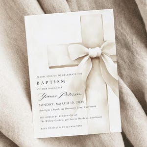 Baptism Invitation Gender Neutral Coquette Christening Invitation Template Elegant White Bow and White Cross Cream Ivory Invite Canva Edit