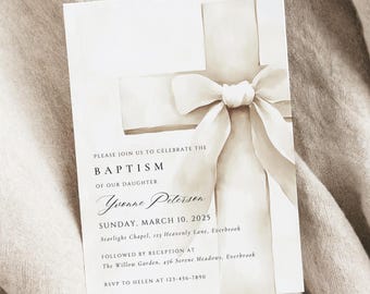 May include: A white baptism invitation with a watercolor illustration of a cross with a white bow. The text reads "Please join us to celebrate the Baptism of our daughter Yvonne Petersen Sunday, March 10, 2025 Starlight Chapel, 123 Heavenly Lane, Everbrook Followed by reception at The Willow Garden, 456 Serene Meadows, Everbrook RSVP to Helen at 123-456-7890"