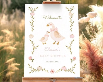 Vintage Pumpkin Goose Girl Baby Shower Welcome Sign Instant Download Watercolor Mama and Baby Goose Pink Floral Green Vines Canva Template