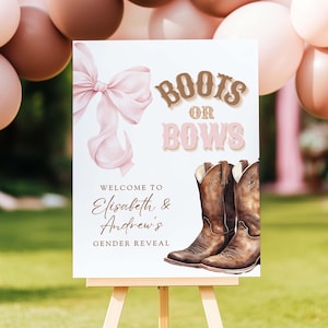 Modèle de plaque de bienvenue indiquant le sexe des bottes ou des noeuds | Poster de bienvenue modifiable sur le thème western rose et marron, impression sur toile Coquette esthétique