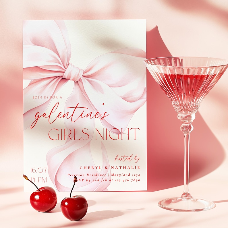 Galentine's Day Girls Night Out Invitation Template Pink Bow Red Hearts ...