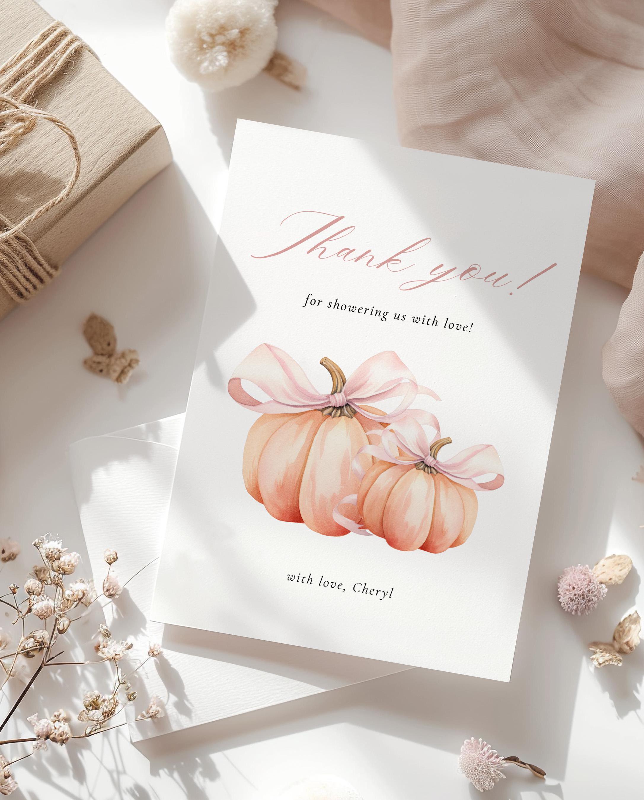 Pumpkin Pink Bow Baby Shower Thank You Card Template Baby Girl Shower ...