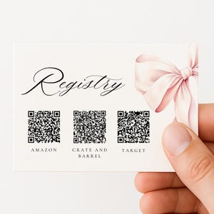 Pink Bow Registratiekaart Canva-sjabloon 5 x 3,5 inch QR-code cadeau Registerkaart Babyshower Verjaardag Behuizingskaart invoegen Vrijgezellenfeest eenvoudig