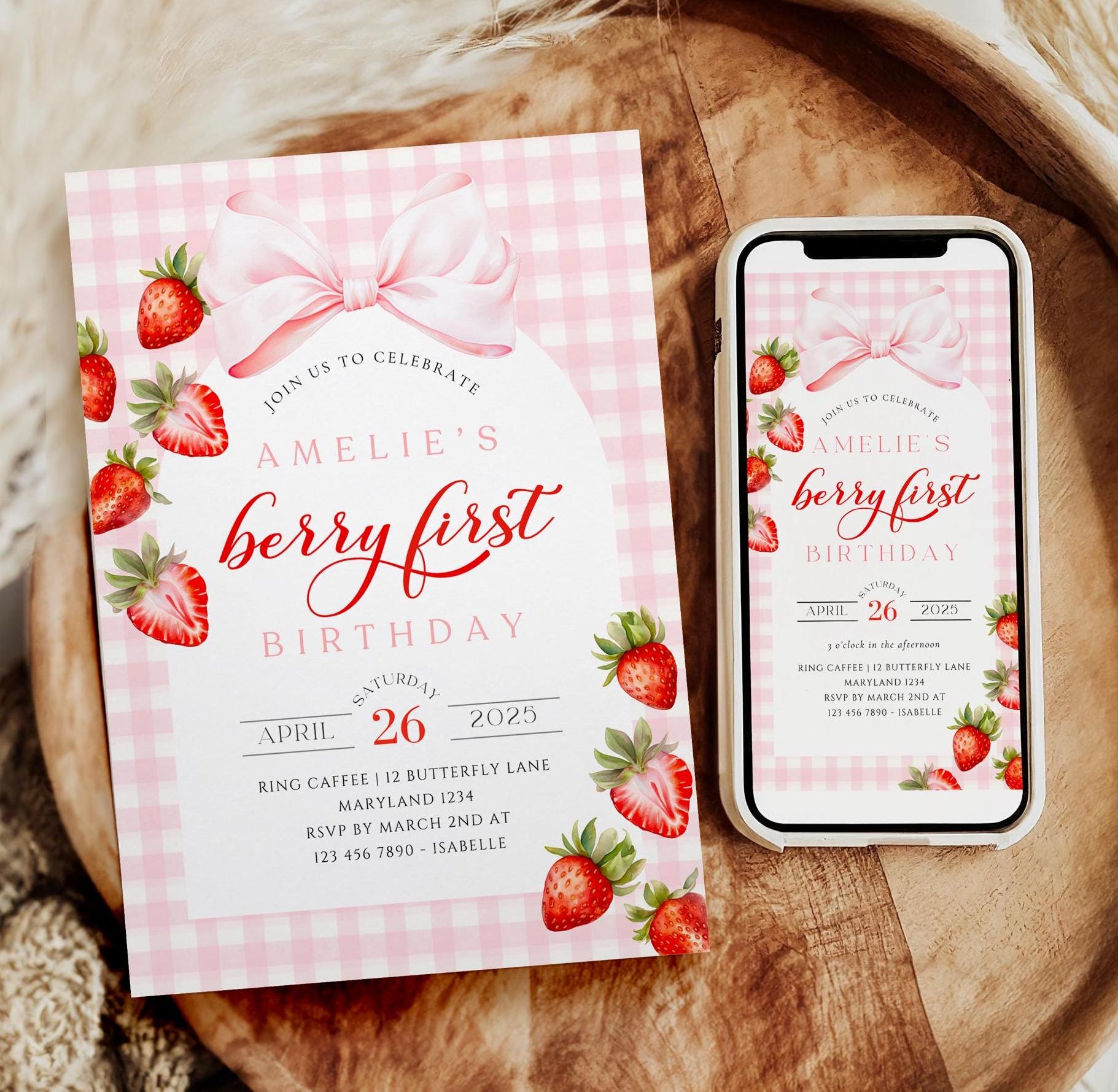 Pink Bow Berry First Birthday Invitation Template Girl Strawberry First Birthday Invite Gingham Pink Ribbon Berry Theme Party Editable Canva