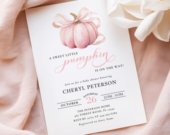 Little Pumpkin is On Her Way Pretty Pink Bow Girl Baby Shower Invitation Template Watercolor Pink Pumpkin Fall Theme Invite Autumn Canva