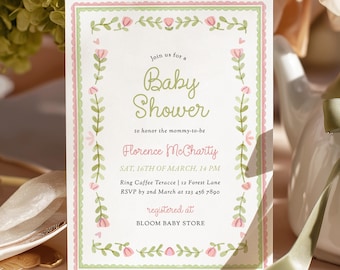 Scallopped Garden Theme Baby Shower Invitation Template | Vintage Watercolor Floral Border Coquette Baby Girl Pink & Green Canva Printable