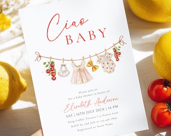 Ciao Baby Shower Invitation Template | Italian Theme Baby Girl Clothesline | Printable Canva Invite