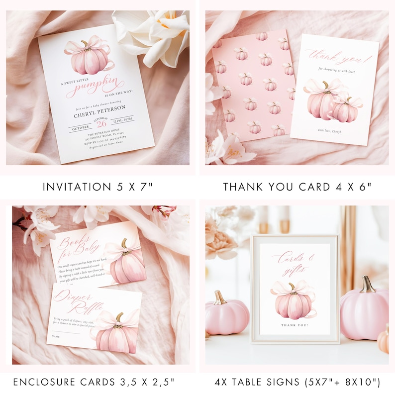 PACCHETTO Little Pumpkin is On The Way Set per Baby Shower Invito per Bambina con Fiocco Rosa Cartello di Benvenuto Autunnale Invito Digitale 10x Gioco Pacchetto Zucca Rosa immagine 2