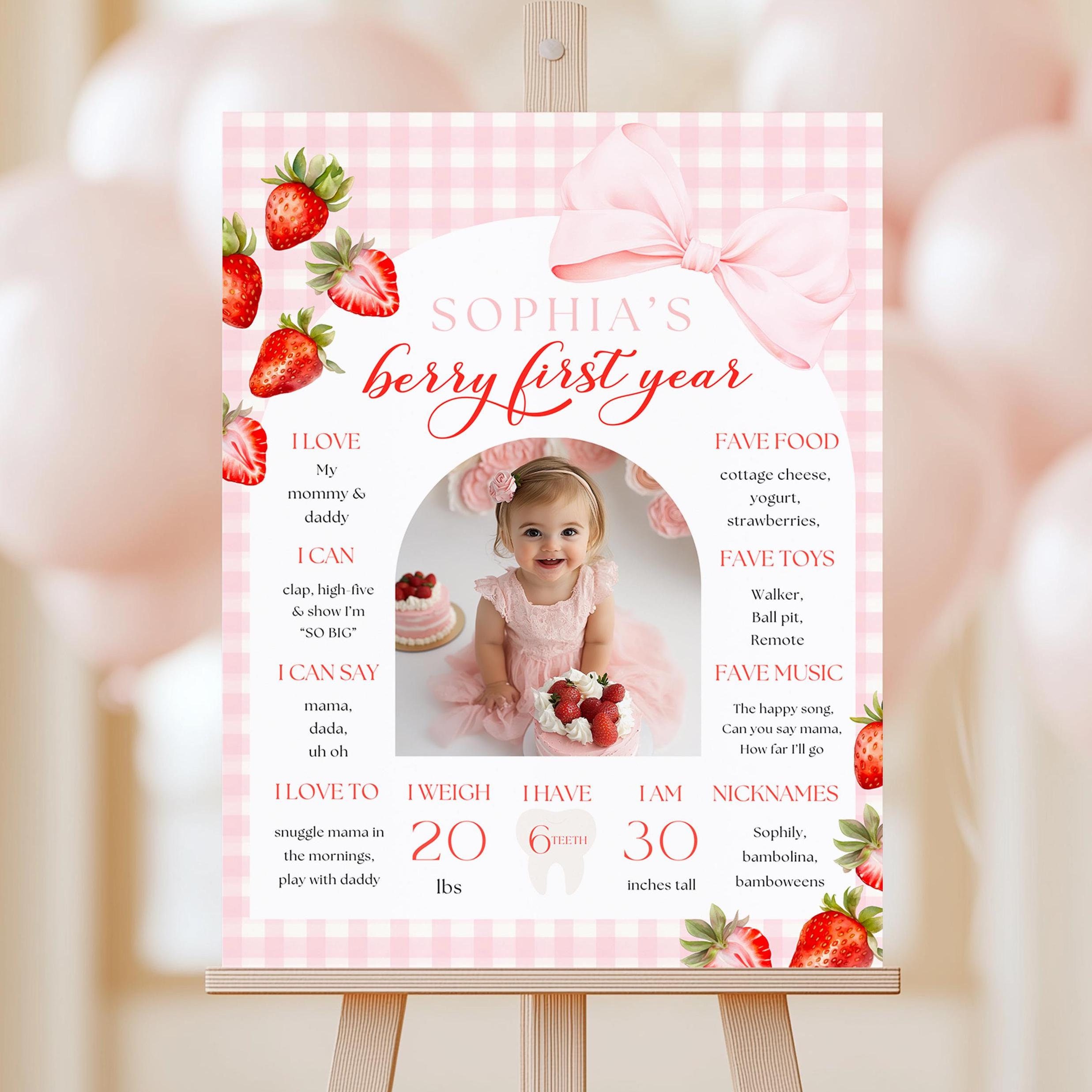 EDITABLE Pink Bow Strawberry 1st Birthday Milestone Template, First ...