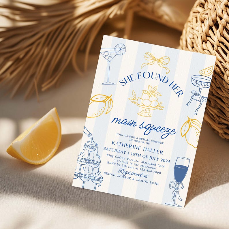 She Found Her Main Squeeze Bridal Shower Invitation Canva Template Blue ...