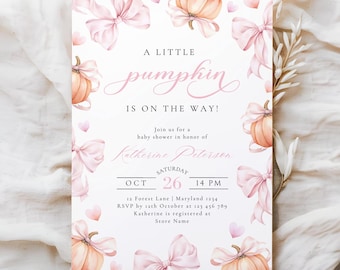 Little Pumpkin is On The Way Pink Bow Girl Baby Shower Invitation Template Watercolor Coquette Pink Ribbon Fall Theme Invite Autumn Canva